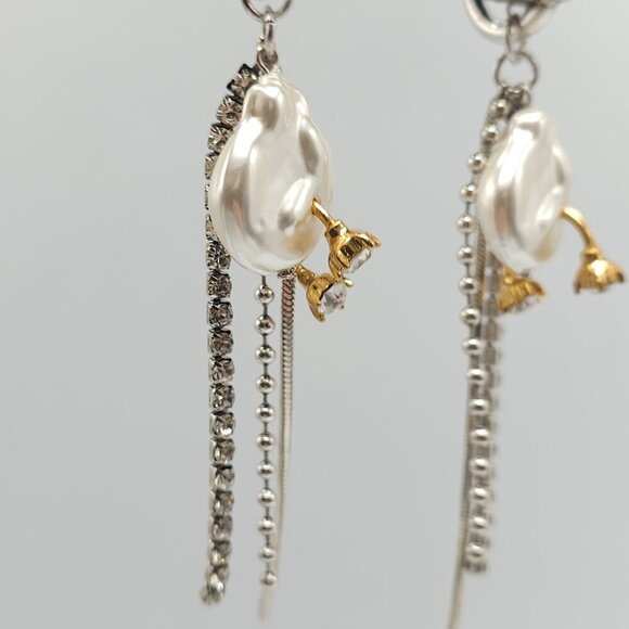 Zara Statement Faux Pearl Chain Drop Earrings With Gold Silver Tone Accents - Picture 4 of 7